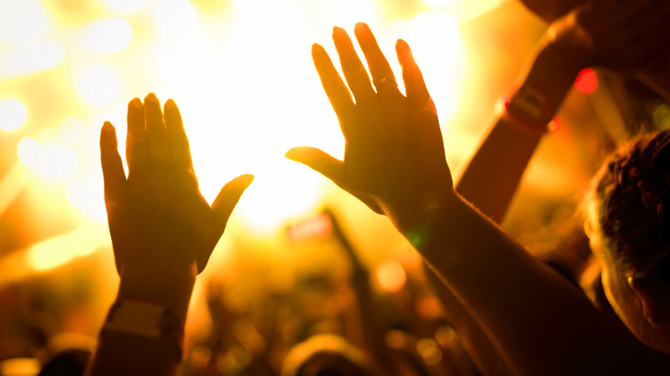 Portrait of happy crowd enjoying at music festival