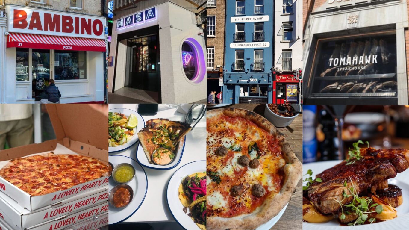 A collage of the best food spots near REZz Hotel Dublin, featuring Bambino pizza, Habanero and other popular restaurants in Dublin city centre
