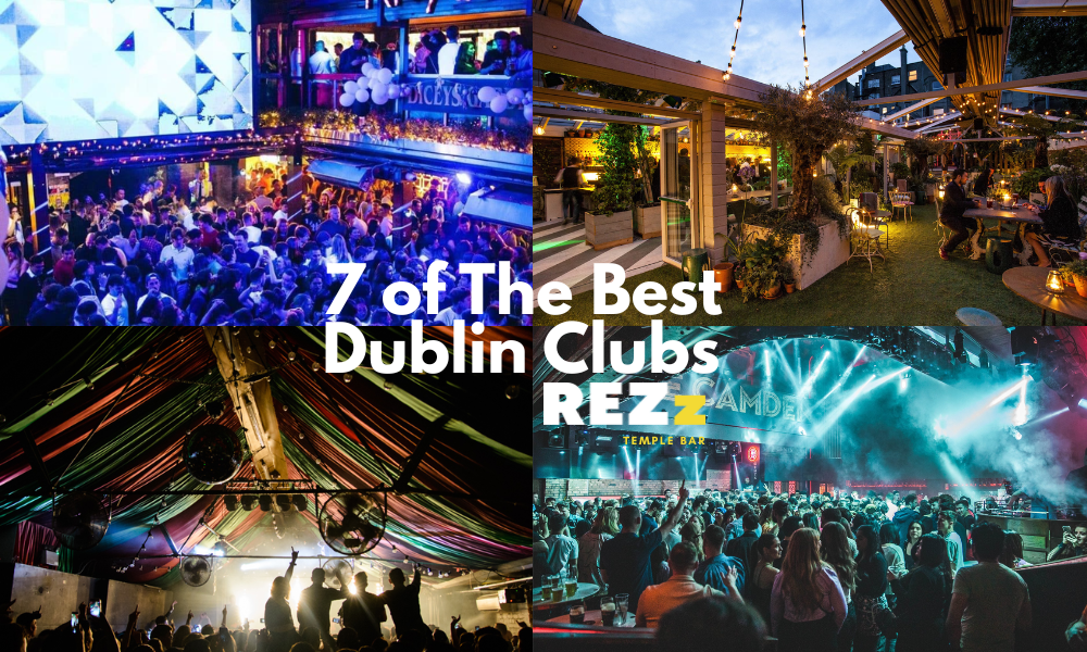 Lively Dublin nightclub scene with vibrant lighting, energetic crowd, and stylish outdoor seating area adorned with plants.