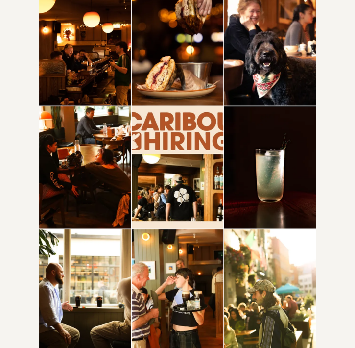 A collage of nine photos showing people eating, drinking, socialising indoors and outdoors&mdash;including a dog at a table and a 