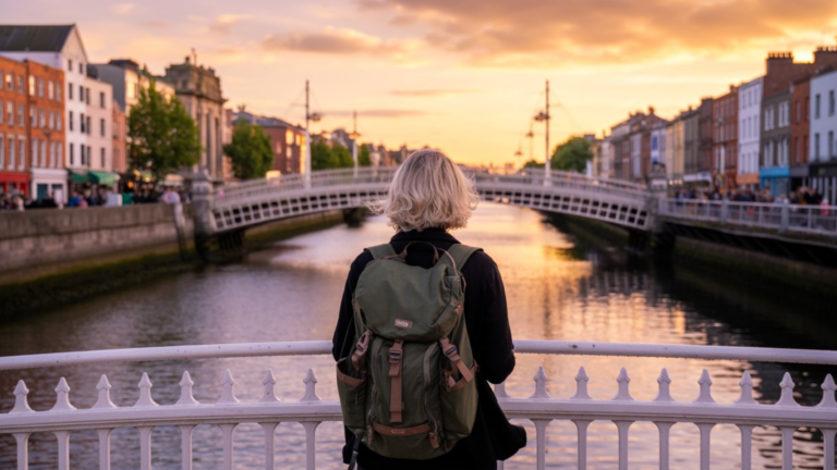 A person with a rucksack stands on a bridge overlooking a river at sunset in Dublin, with buildings lining both sides, another bridge ahead, and the city alive with Fathers’ Day in Dublin celebrations.